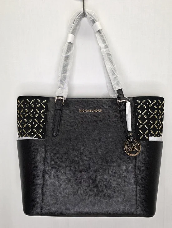 NWT Michael Kors Charlotte Large Top Zip Tote - Black Saffiano with Gold Floral - Picture 1 of 11